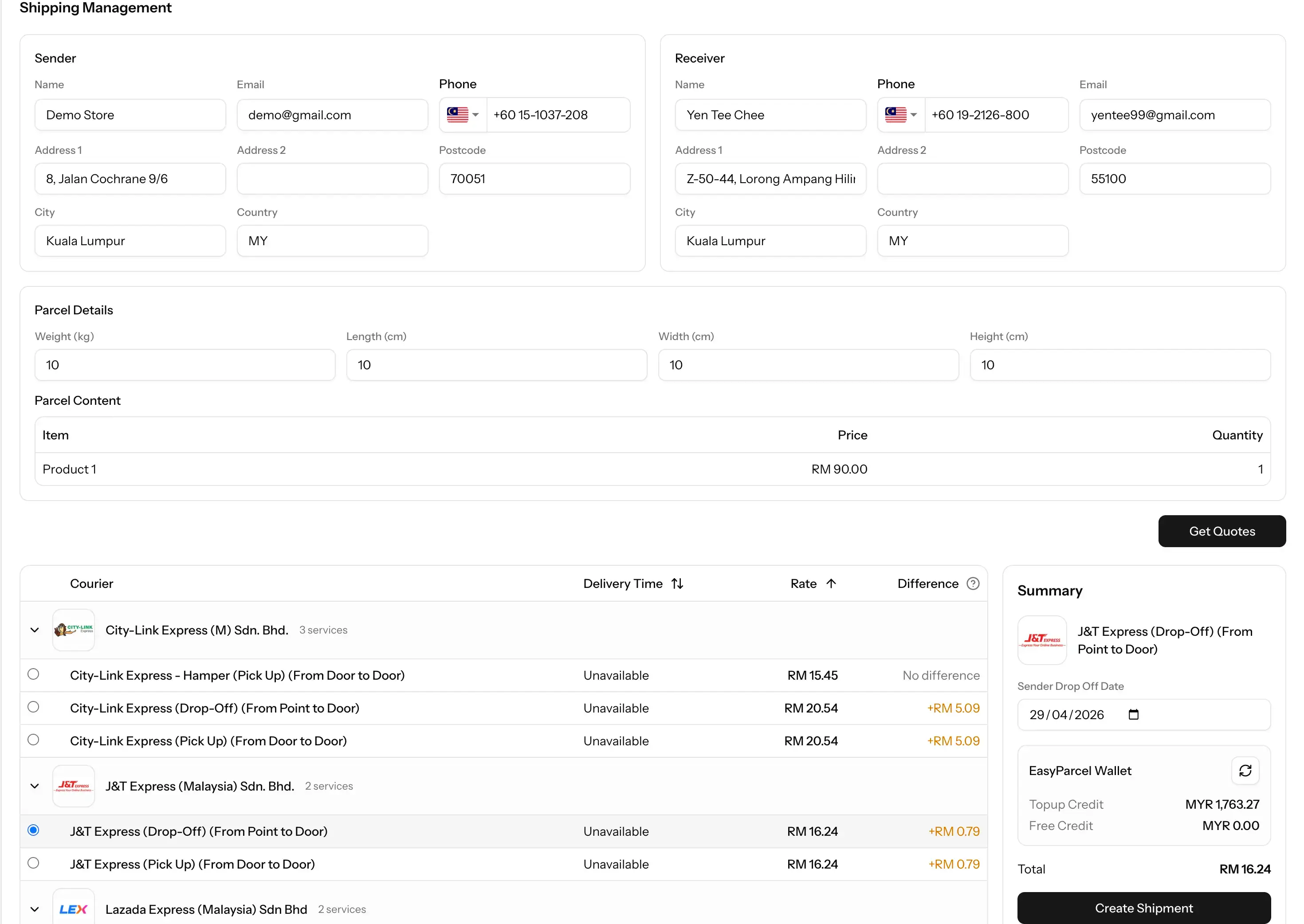 TigerLive EasyParcel integration settings